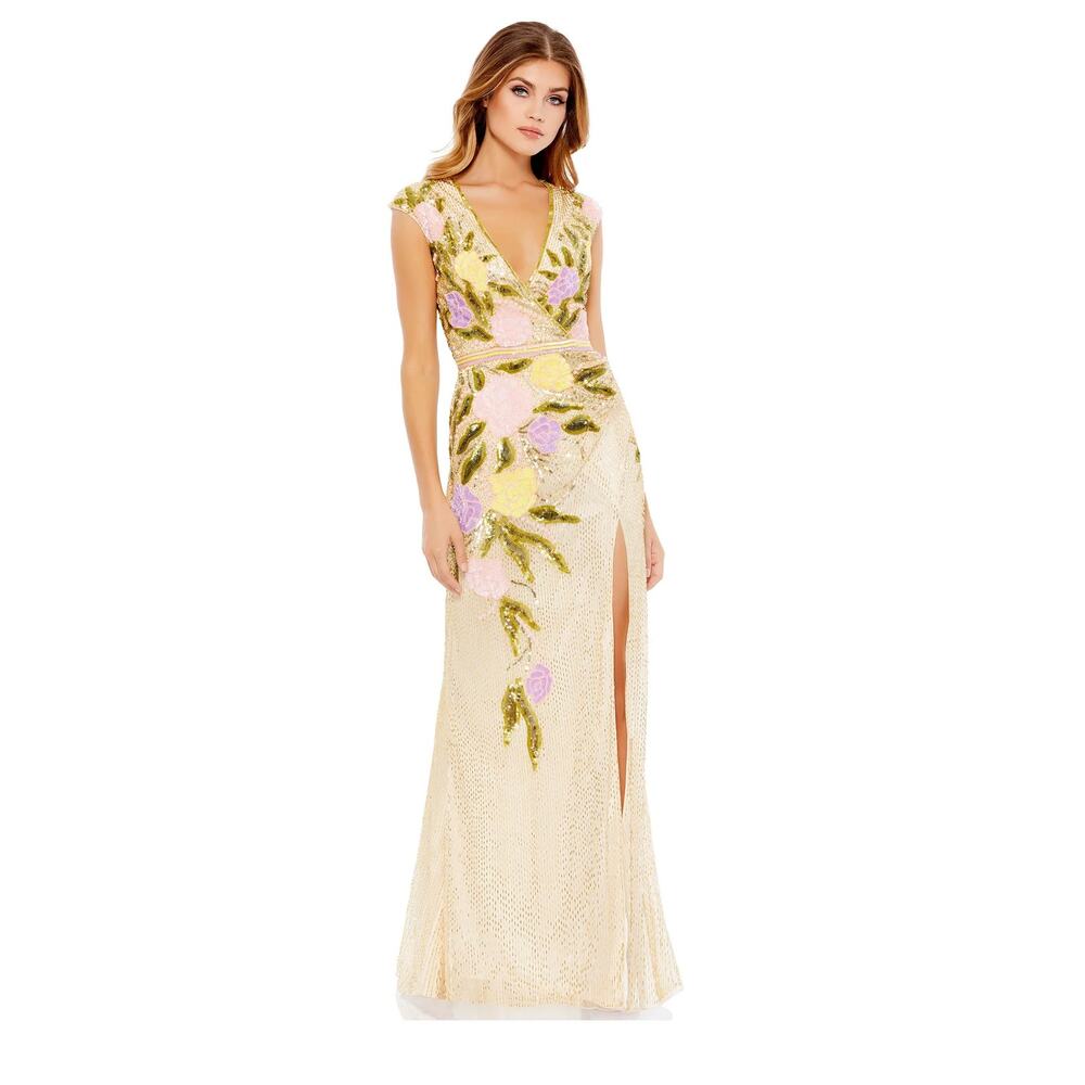 MAC DUGGAL 5420 Beaded Floral V-Neck Cap Sleeve Slit Gown Nude Multi 6 NEW